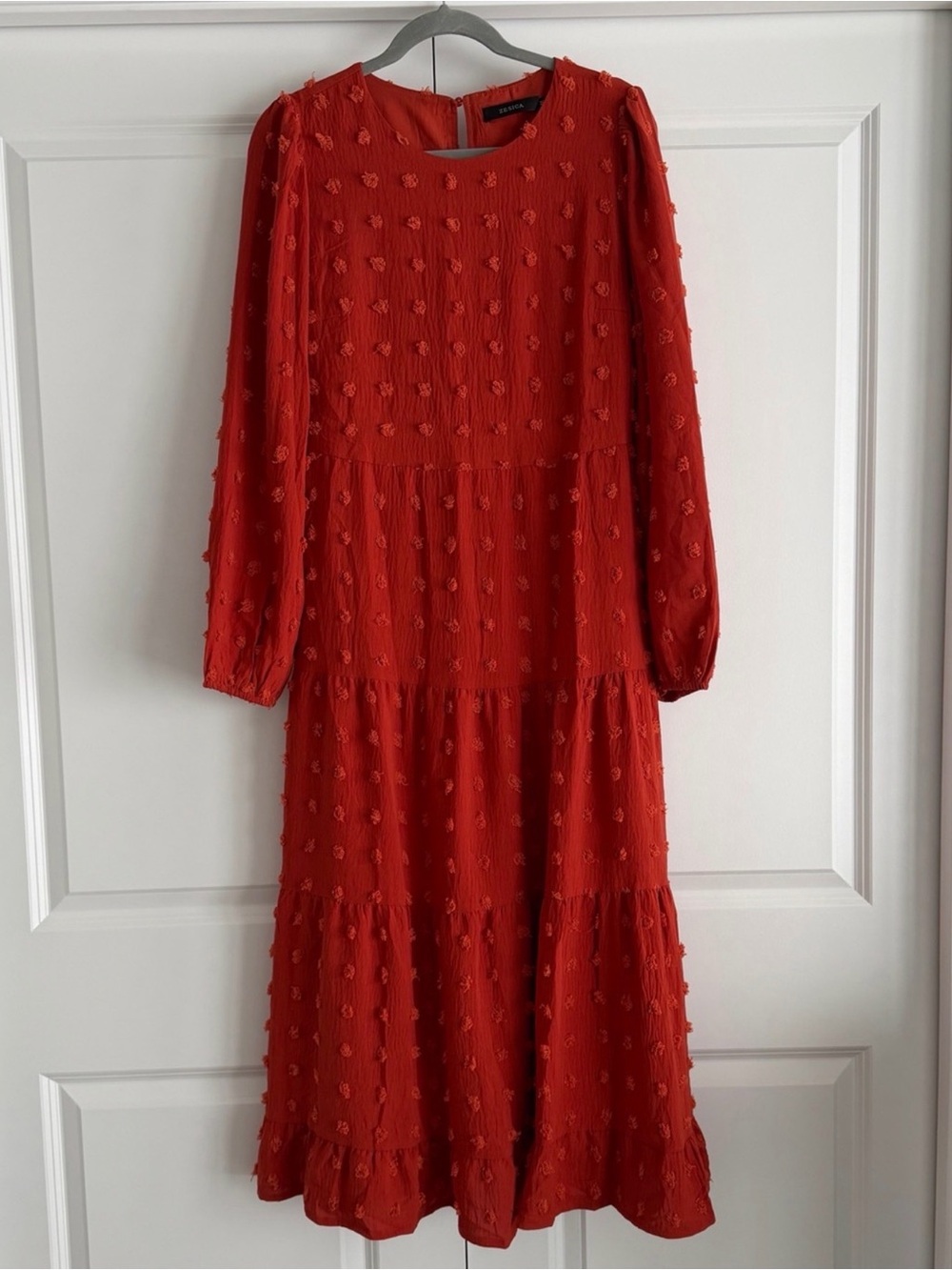 Tiered Red/Orange Long Sleeve Midi Dress